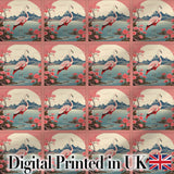 Elegant Flamingo Lake with Cherry Blossom and Mountain Scene Seamless Pattern Digital Print Fabric by the Metre UK Sewing Quilting Textile