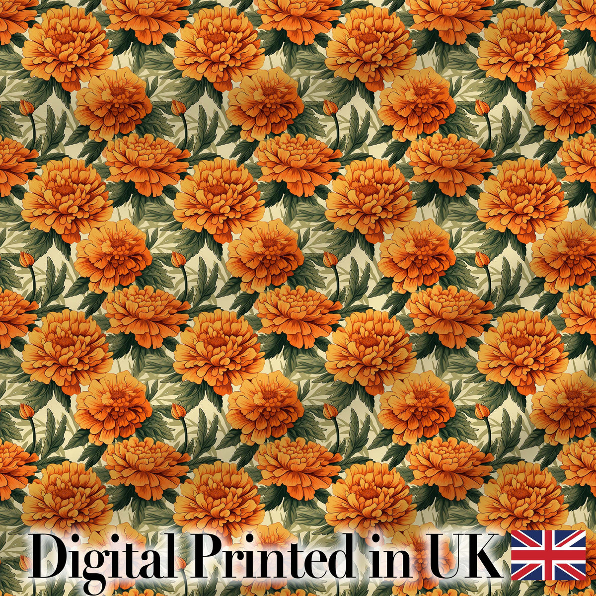 Orange Marigold Flower Garden Seamless Pattern Digital Print Fabric by the Metre UK Sewing Quilting Textile