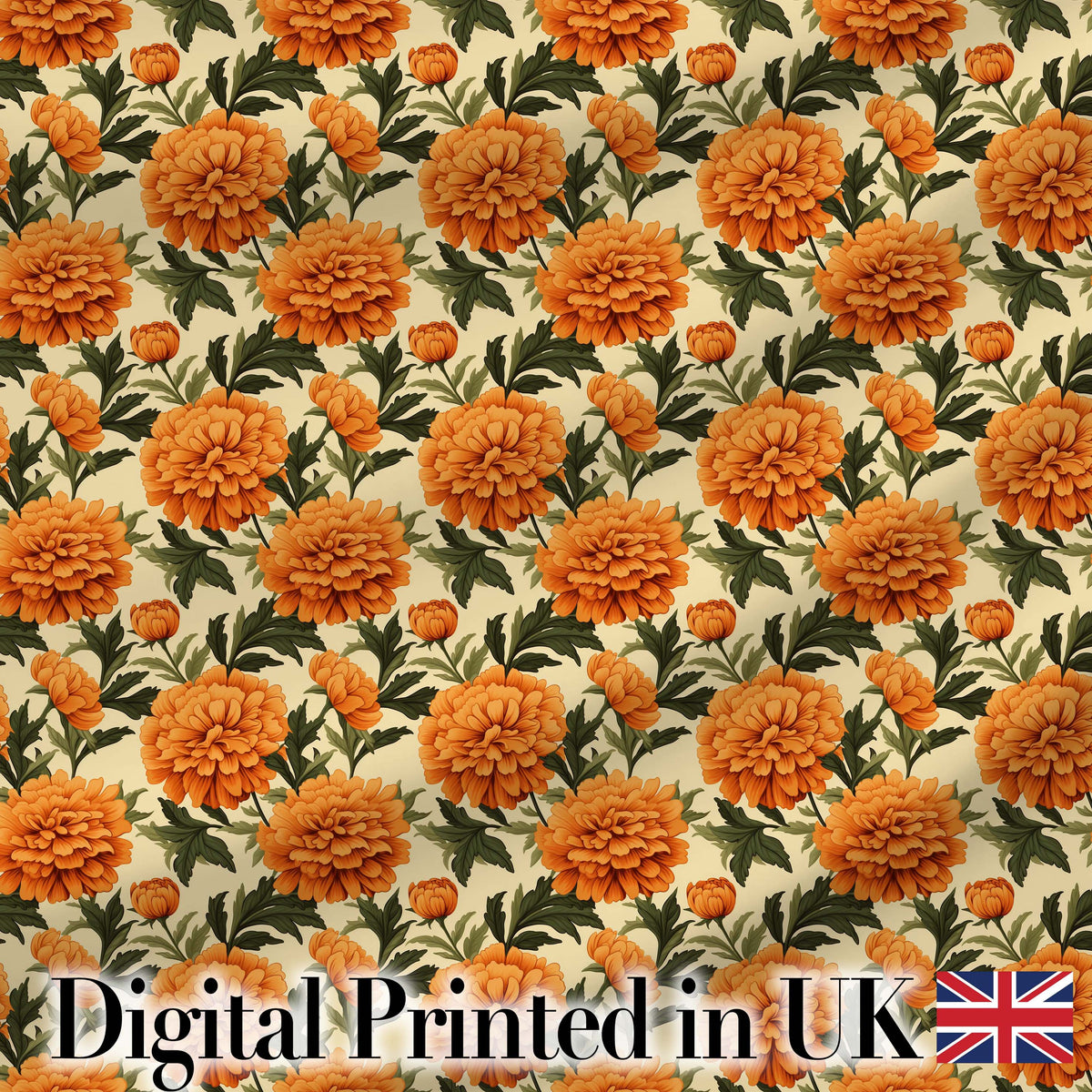 Orange Marigold Floral Garden Seamless Pattern Digital Print Fabric by the Metre UK Sewing Quilting Textile