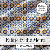 Blue and Yellow Folk Art Floral Tile Seamless Pattern Digital Print Fabric by the Metre UK Sewing Quilting Textile