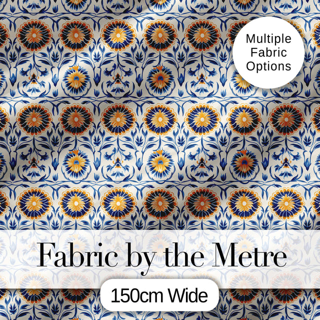Blue and Yellow Folk Art Floral Tile Seamless Pattern Digital Print Fabric by the Metre UK Sewing Quilting Textile