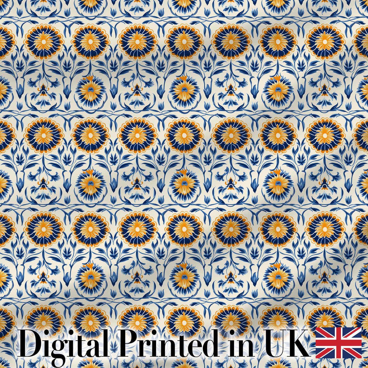 Blue and Yellow Folk Art Floral Tile Seamless Pattern Digital Print Fabric by the Metre UK Sewing Quilting Textile