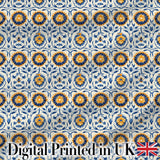 Blue and Yellow Folk Art Floral Tile Seamless Pattern Digital Print Fabric by the Metre UK Sewing Quilting Textile