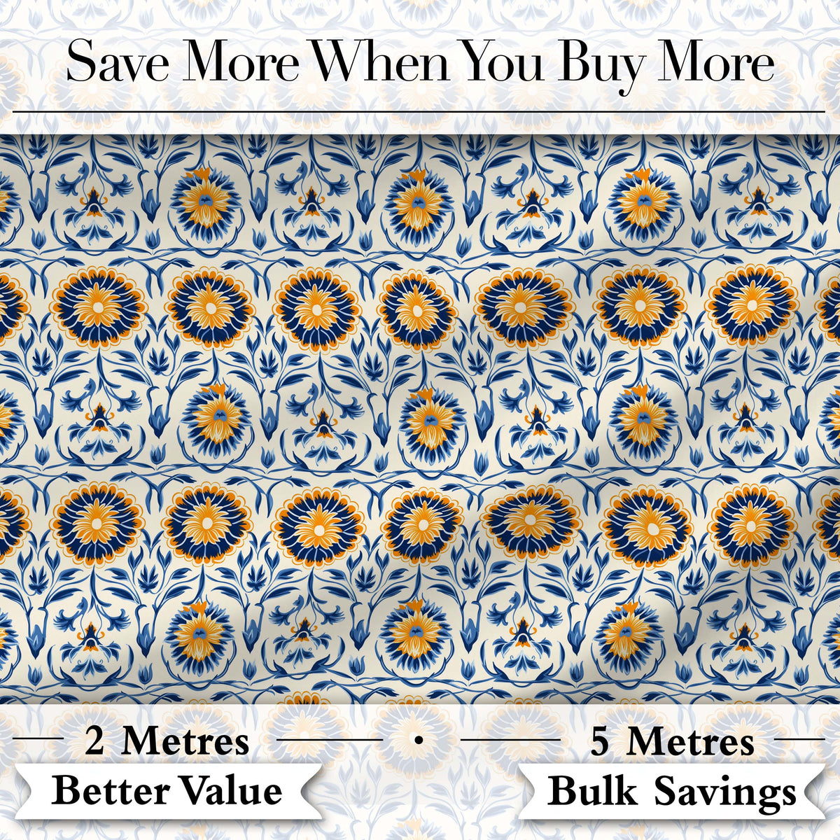 Blue and Yellow Folk Art Floral Tile Seamless Pattern Digital Print Fabric by the Metre UK Sewing Quilting Textile