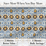 Blue and Yellow Folk Art Floral Tile Seamless Pattern Digital Print Fabric by the Metre UK Sewing Quilting Textile