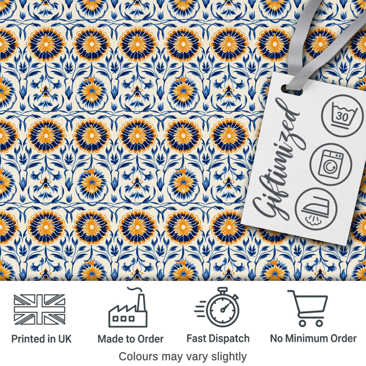 Blue and Yellow Folk Art Floral Tile Seamless Pattern Digital Print Fabric by the Metre UK Sewing Quilting Textile