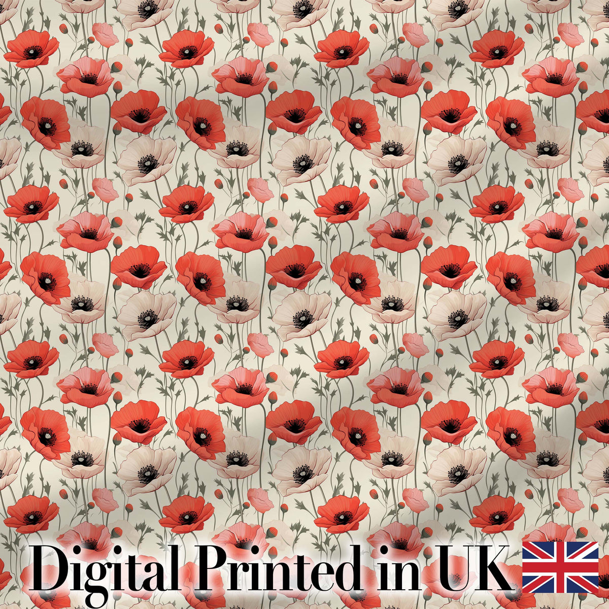 Soft Red and Cream Poppy Meadow Seamless Pattern Digital Print Fabric by the Metre UK Sewing Quilting Textile
