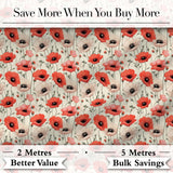 Soft Red and Cream Poppy Meadow Seamless Pattern Digital Print Fabric by the Metre UK Sewing Quilting Textile