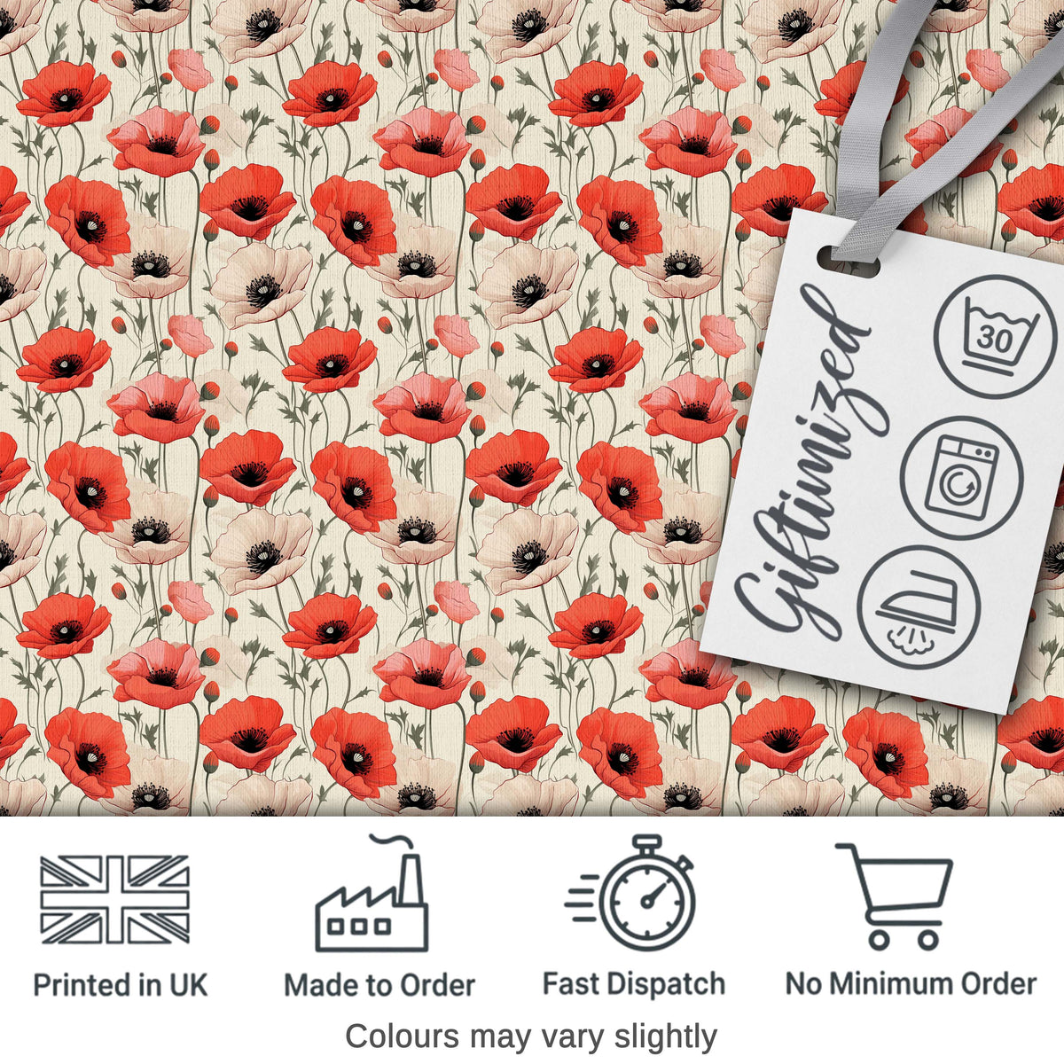 Soft Red and Cream Poppy Meadow Seamless Pattern Digital Print Fabric by the Metre UK Sewing Quilting Textile