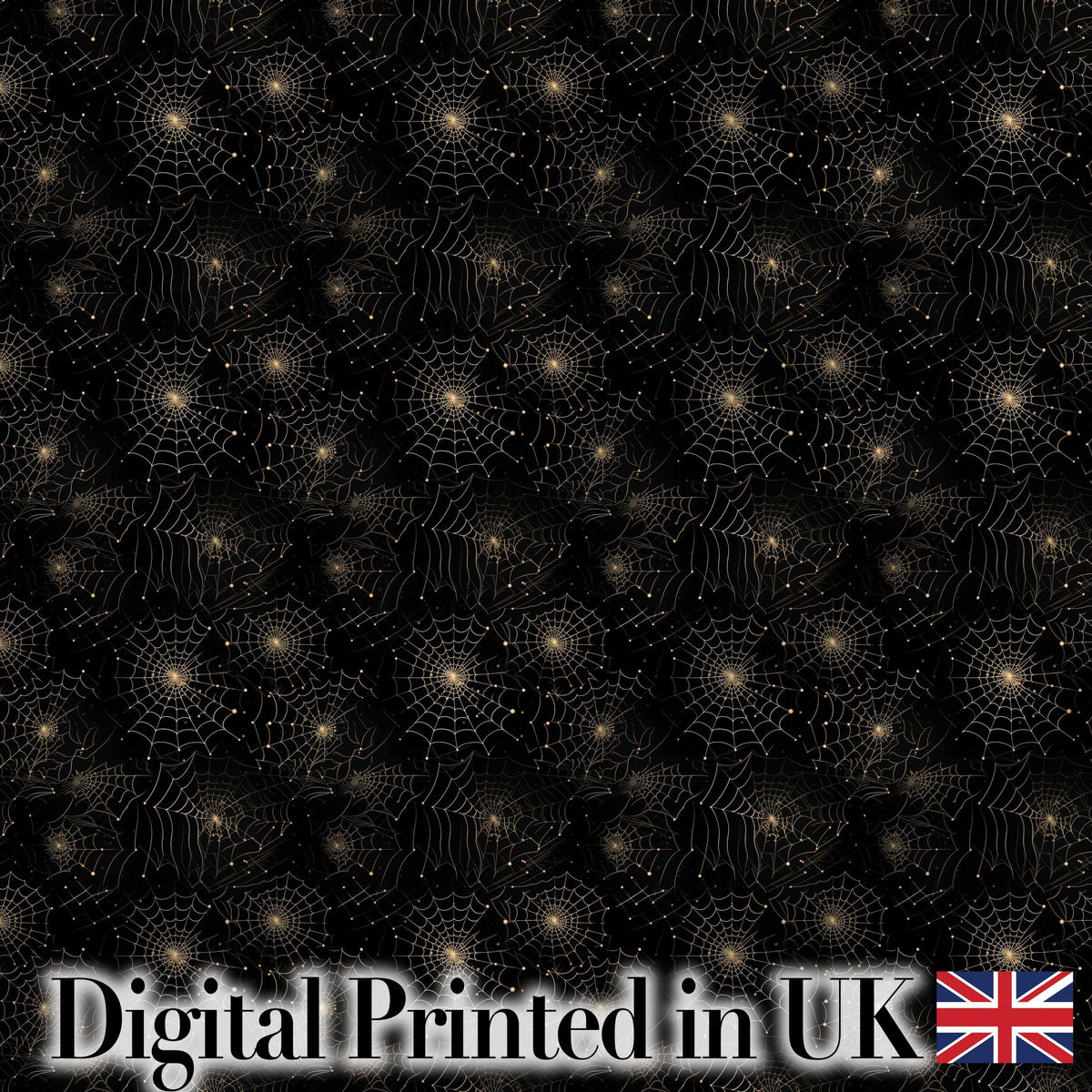 Elegant Gold Spider Web on Black Halloween Seamless Pattern Digital Print Fabric by the Metre UK Sewing Quilting Textile