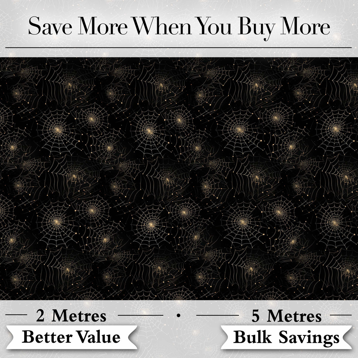 Elegant Gold Spider Web on Black Halloween Seamless Pattern Digital Print Fabric by the Metre UK Sewing Quilting Textile
