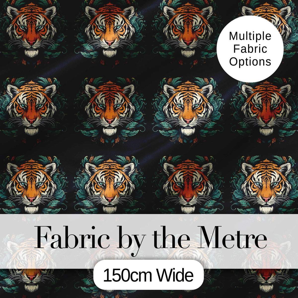 Decorative Tiger Portrait with Leaves Seamless Pattern Digital Print Fabric by the Metre UK Sewing Quilting Textile