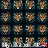Decorative Tiger Portrait with Leaves Seamless Pattern Digital Print Fabric by the Metre UK Sewing Quilting Textile