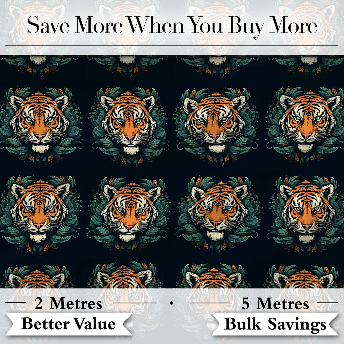 Decorative Tiger Portrait with Leaves Seamless Pattern Digital Print Fabric by the Metre UK Sewing Quilting Textile