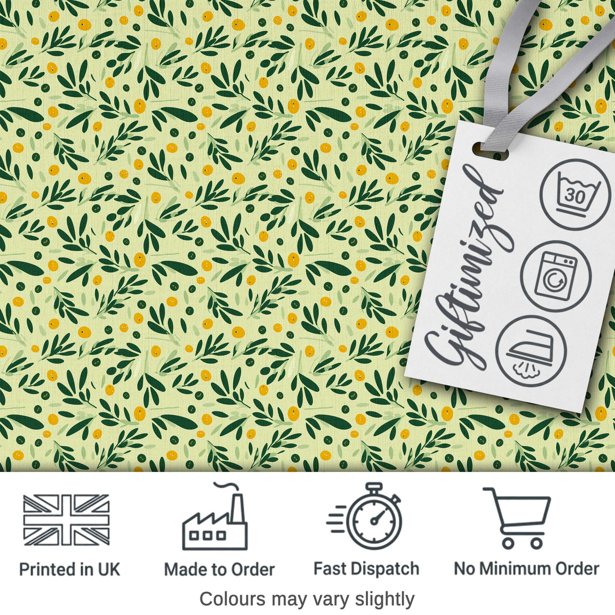 Minimal Olive Leaves and Berries Soft Green Seamless Pattern Digital Print Fabric by the Metre UK Sewing Quilting Textile