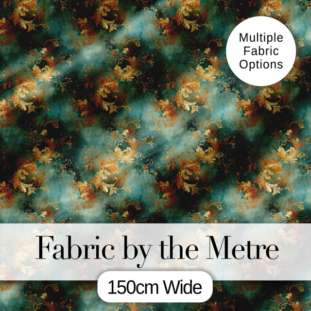 Elegant Gold Floral Scroll on Teal Background Seamless Pattern Digital Print Fabric by the Metre UK Sewing Quilting Textile