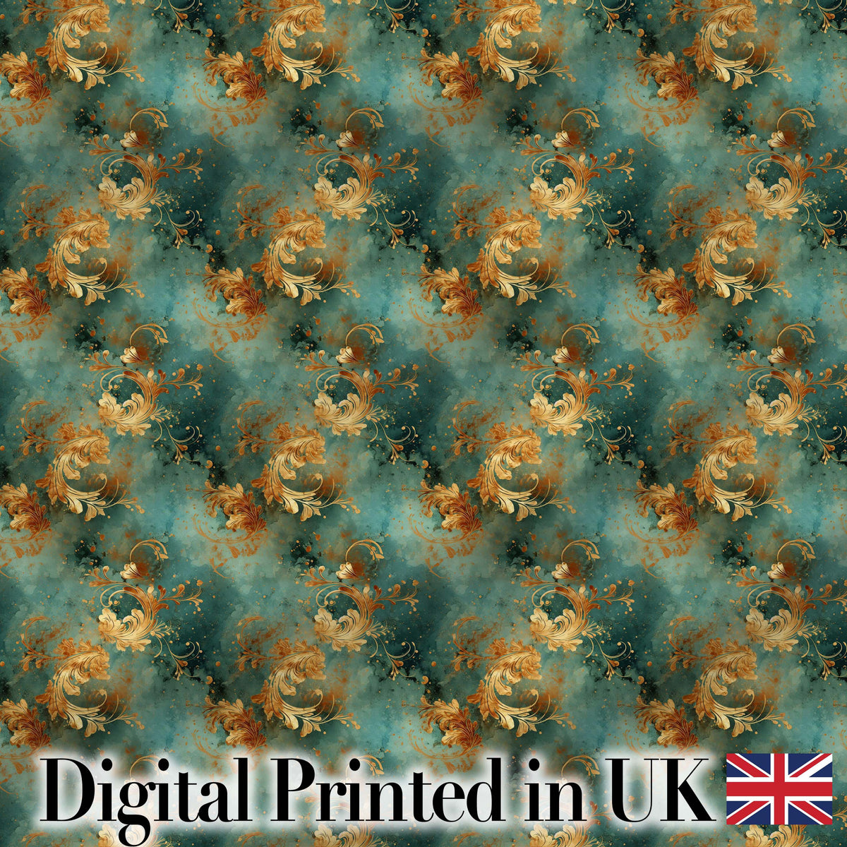 Elegant Gold Floral Scroll on Teal Background Seamless Pattern Digital Print Fabric by the Metre UK Sewing Quilting Textile