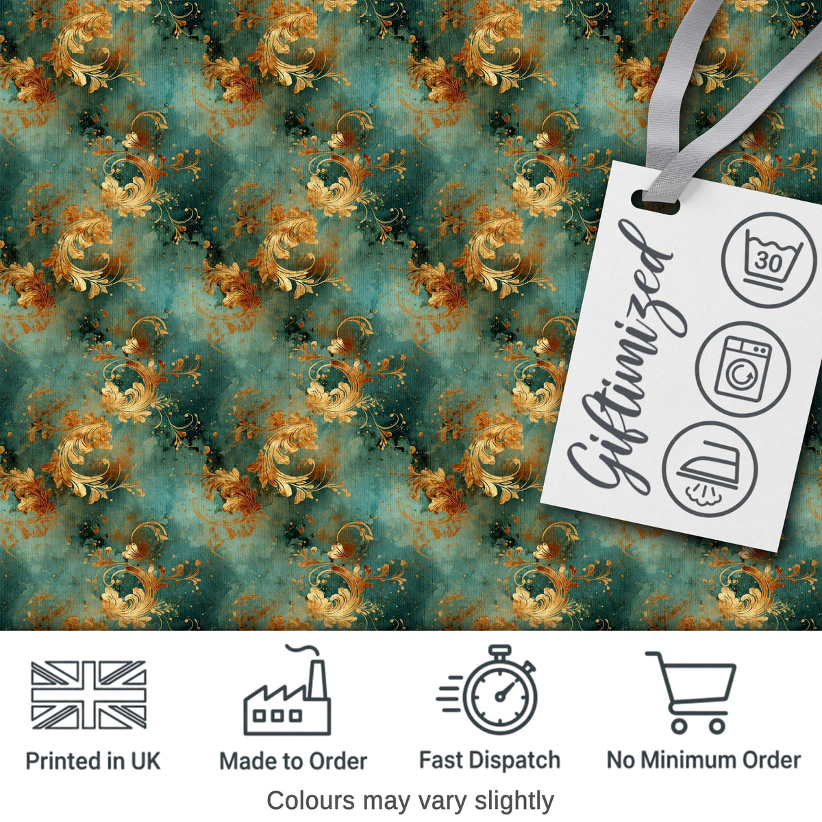 Elegant Gold Floral Scroll on Teal Background Seamless Pattern Digital Print Fabric by the Metre UK Sewing Quilting Textile
