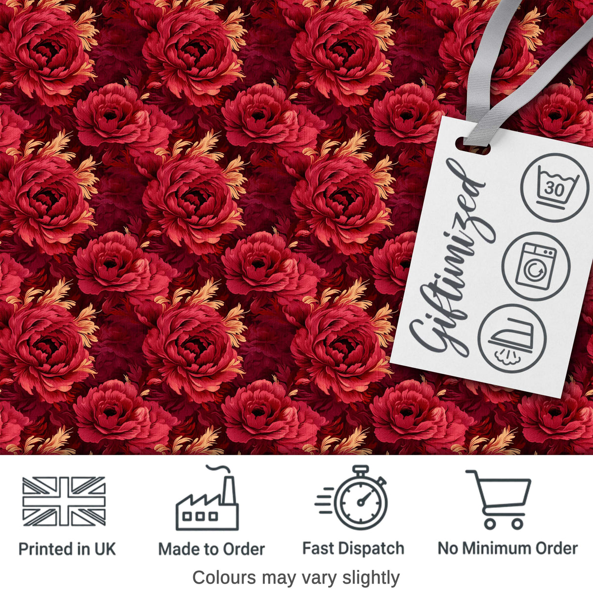 Rich Red Peony Flower Garden Seamless Pattern Digital Print Fabric by the Metre UK Sewing Quilting Textile