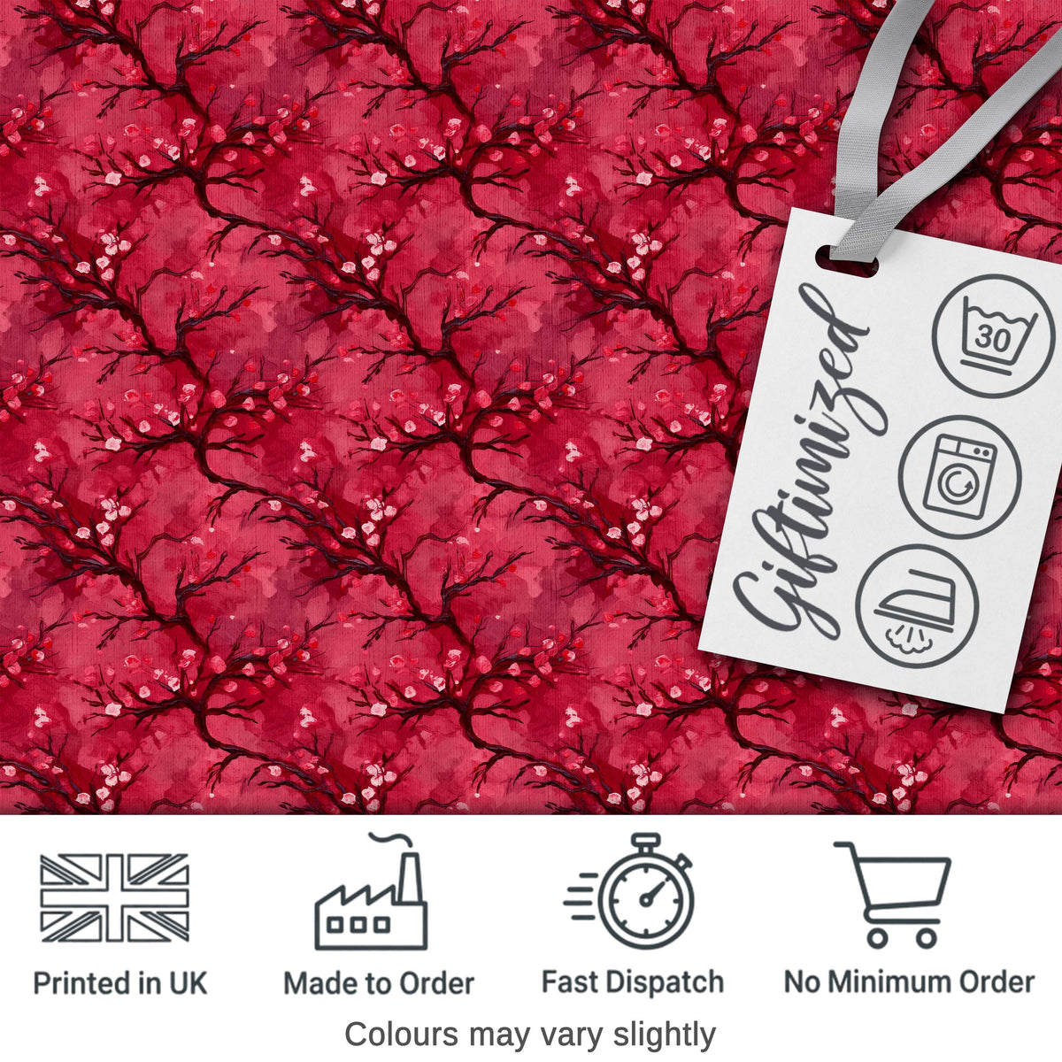 Watercolor Red Cherry Blossom Branch Seamless Pattern Digital Print Fabric by the Metre UK Sewing Quilting Textile