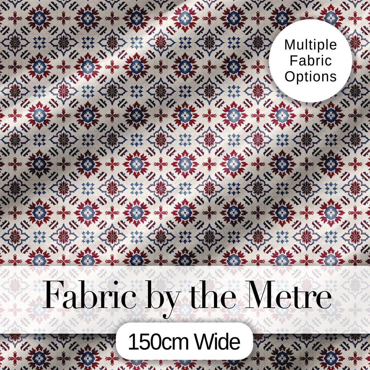 Decorative Red Blue Floral Tile Mosaic Seamless Pattern Digital Print Fabric by the Metre UK Sewing Quilting Textile