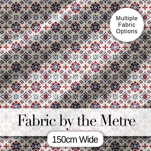 Decorative Red Blue Floral Tile Mosaic Seamless Pattern Digital Print Fabric by the Metre UK Sewing Quilting Textile