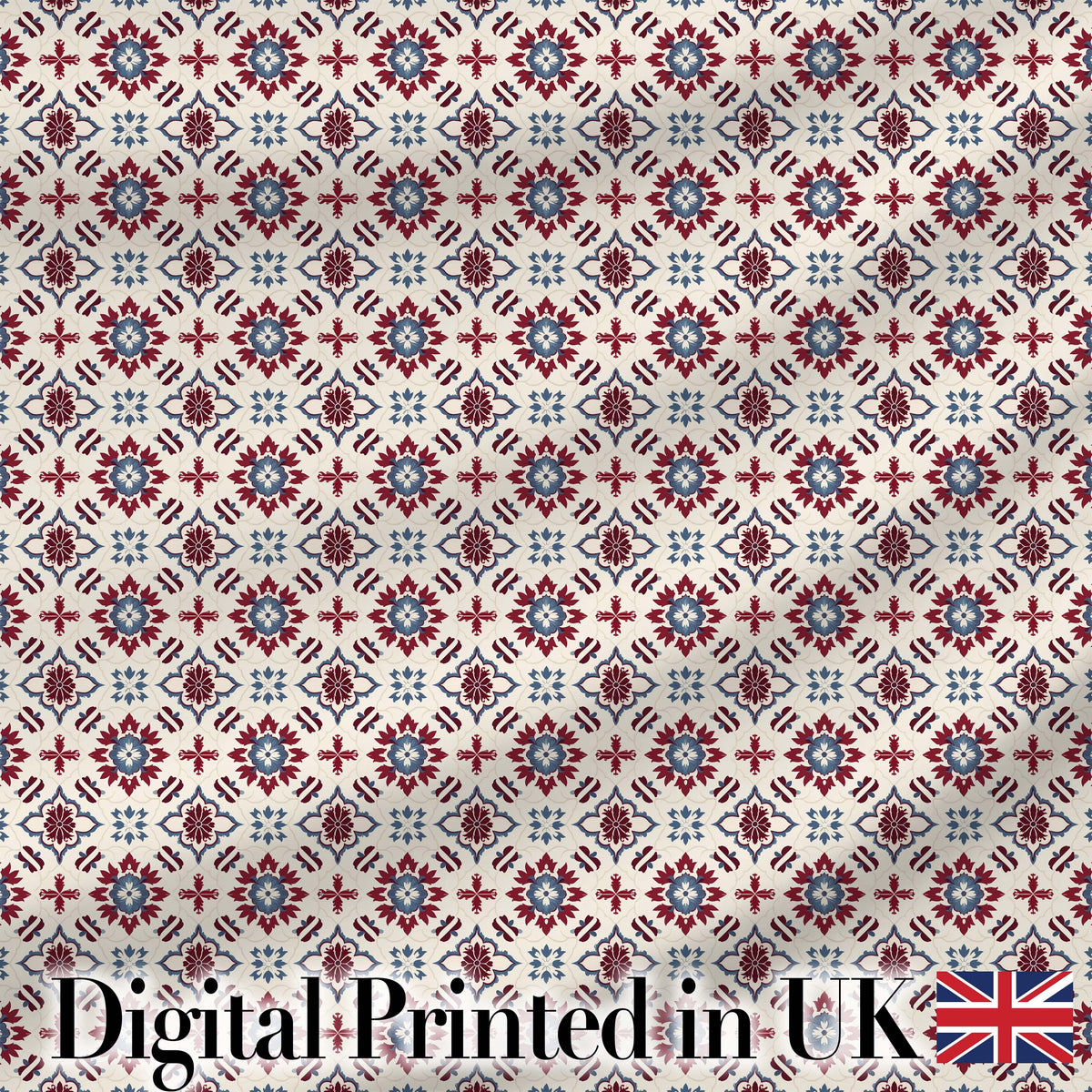Decorative Red Blue Floral Tile Mosaic Seamless Pattern Digital Print Fabric by the Metre UK Sewing Quilting Textile