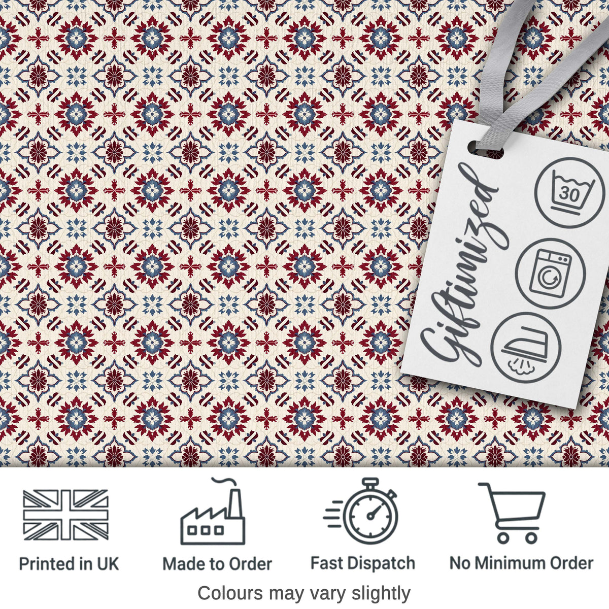 Decorative Red Blue Floral Tile Mosaic Seamless Pattern Digital Print Fabric by the Metre UK Sewing Quilting Textile