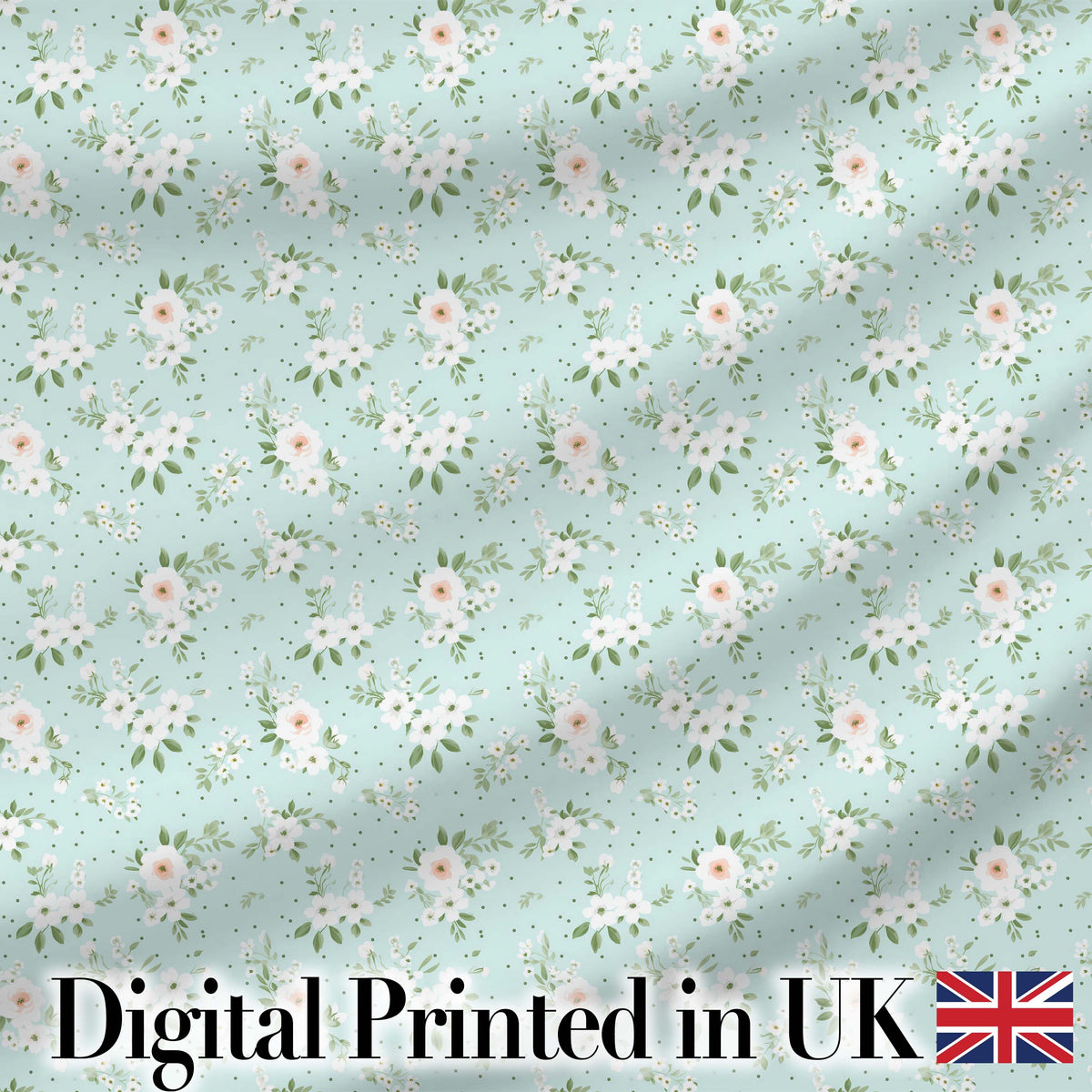 Delicate White Floral on Mint Green Seamless Pattern Digital Print Fabric by the Metre UK Sewing Quilting Textile