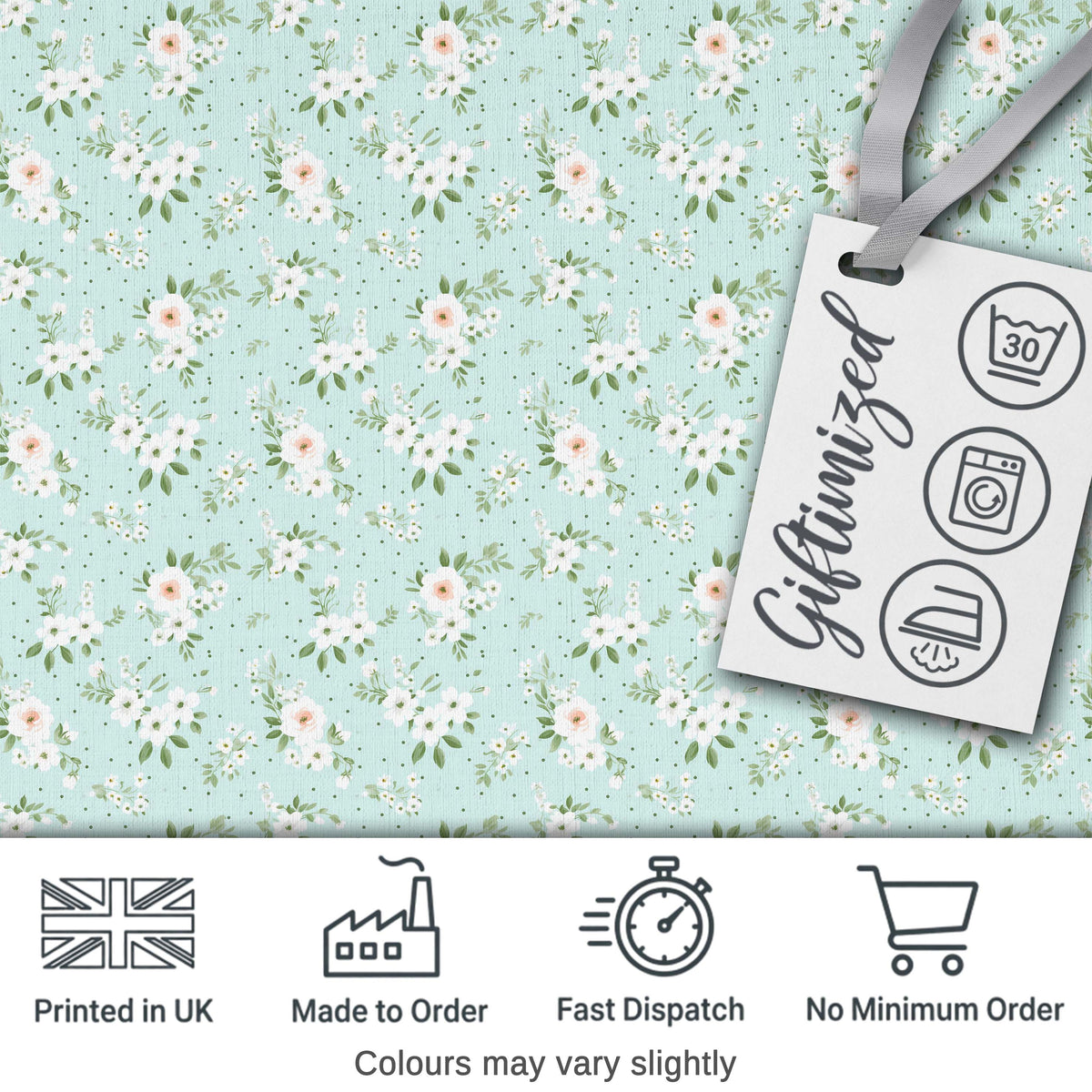 Delicate White Floral on Mint Green Seamless Pattern Digital Print Fabric by the Metre UK Sewing Quilting Textile