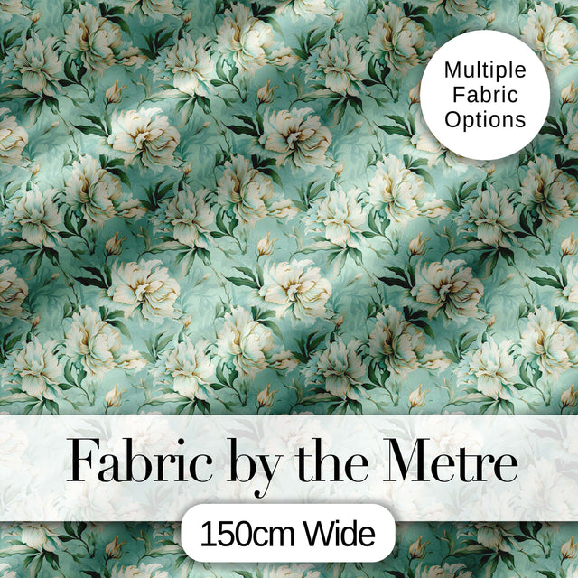Elegant Cream Floral Bouquet on Soft Sage Green Seamless Pattern Digital Print Fabric by the Metre UK Sewing Quilting Textile