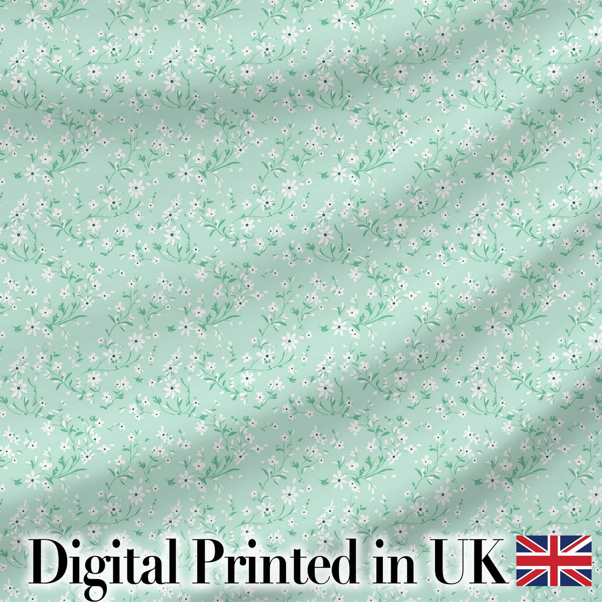 Delicate White Wildflower on Soft Green Seamless Pattern Digital Print Fabric by the Metre UK Sewing Quilting Textile
