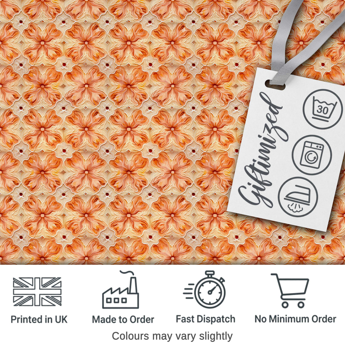 Warm Orange Floral Mosaic Ornamental Seamless Pattern Digital Print Fabric by the Metre UK Sewing Quilting Textile
