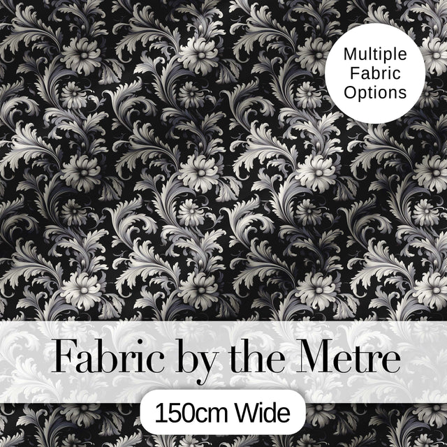 Classic Black and White Vintage Floral Scroll Seamless Pattern Digital Print Fabric by the Metre UK Sewing Quilting Textile