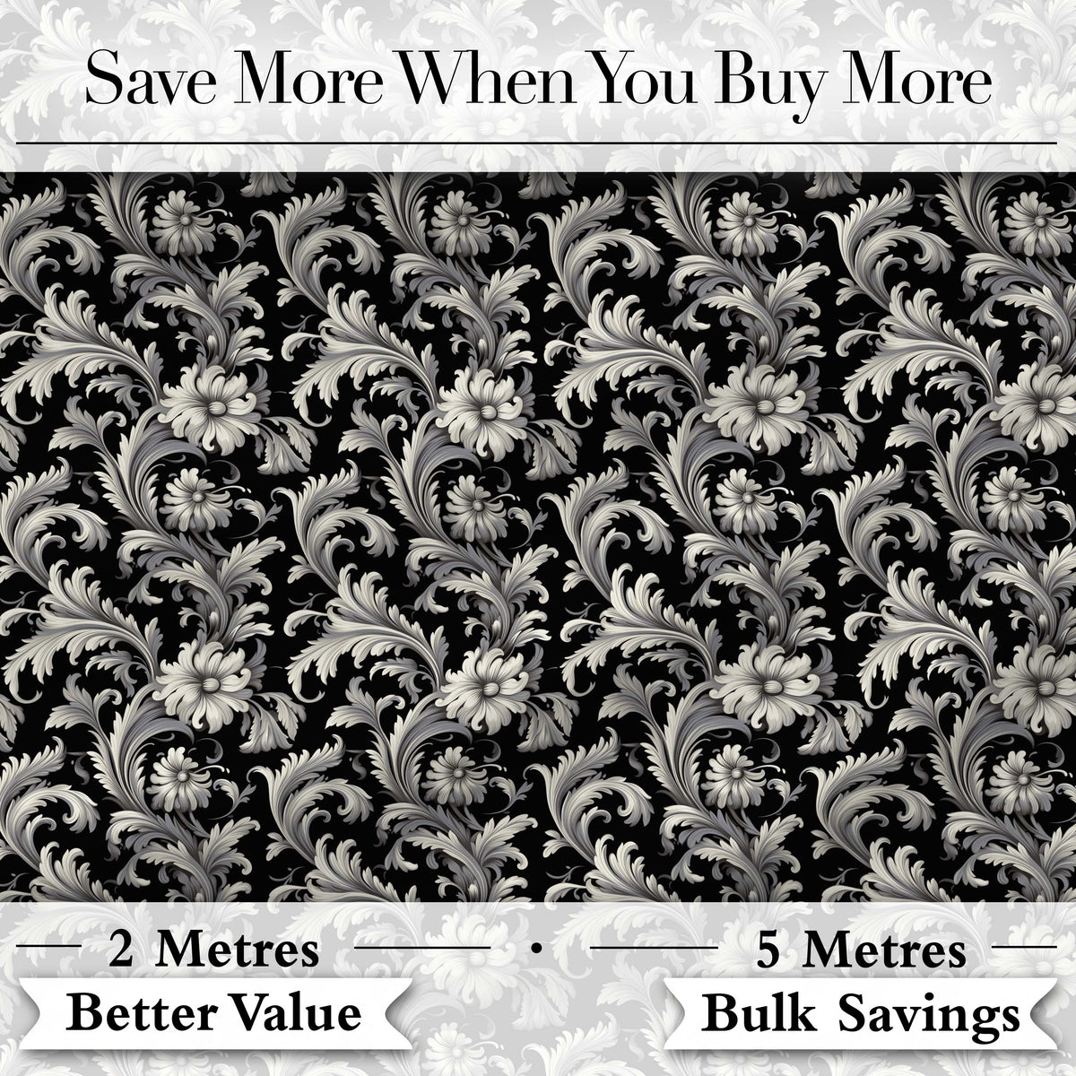 Classic Black and White Vintage Floral Scroll Seamless Pattern Digital Print Fabric by the Metre UK Sewing Quilting Textile