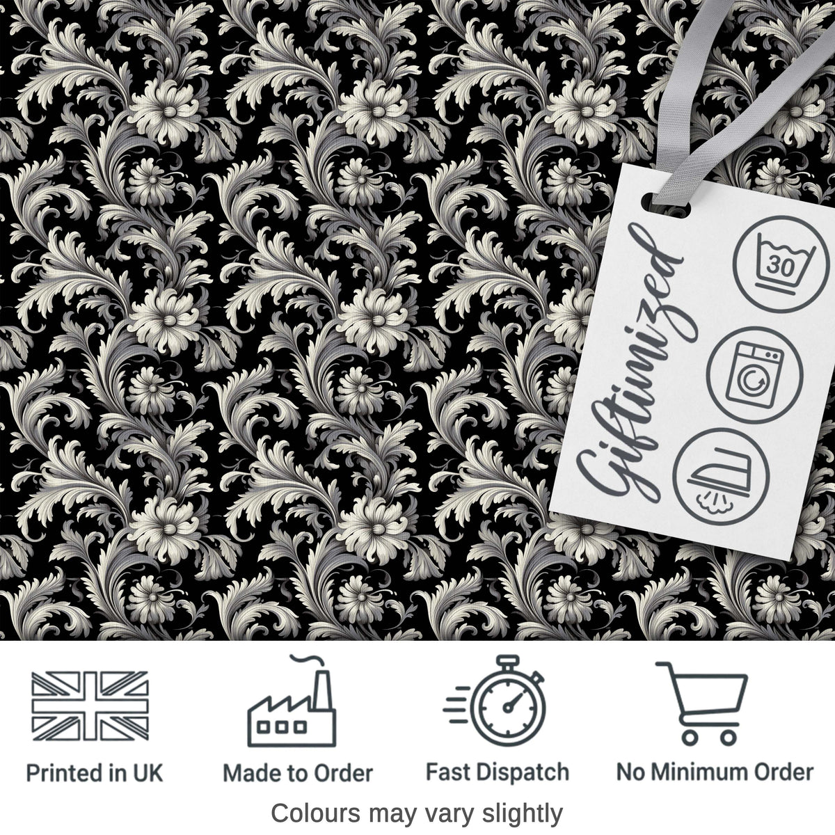 Classic Black and White Vintage Floral Scroll Seamless Pattern Digital Print Fabric by the Metre UK Sewing Quilting Textile