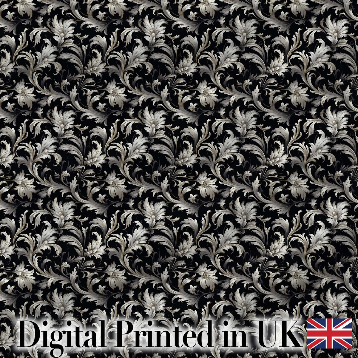 Luxury Black and Silver Floral Baroque Seamless Pattern Digital Print Fabric by the Metre UK Sewing Quilting Textile
