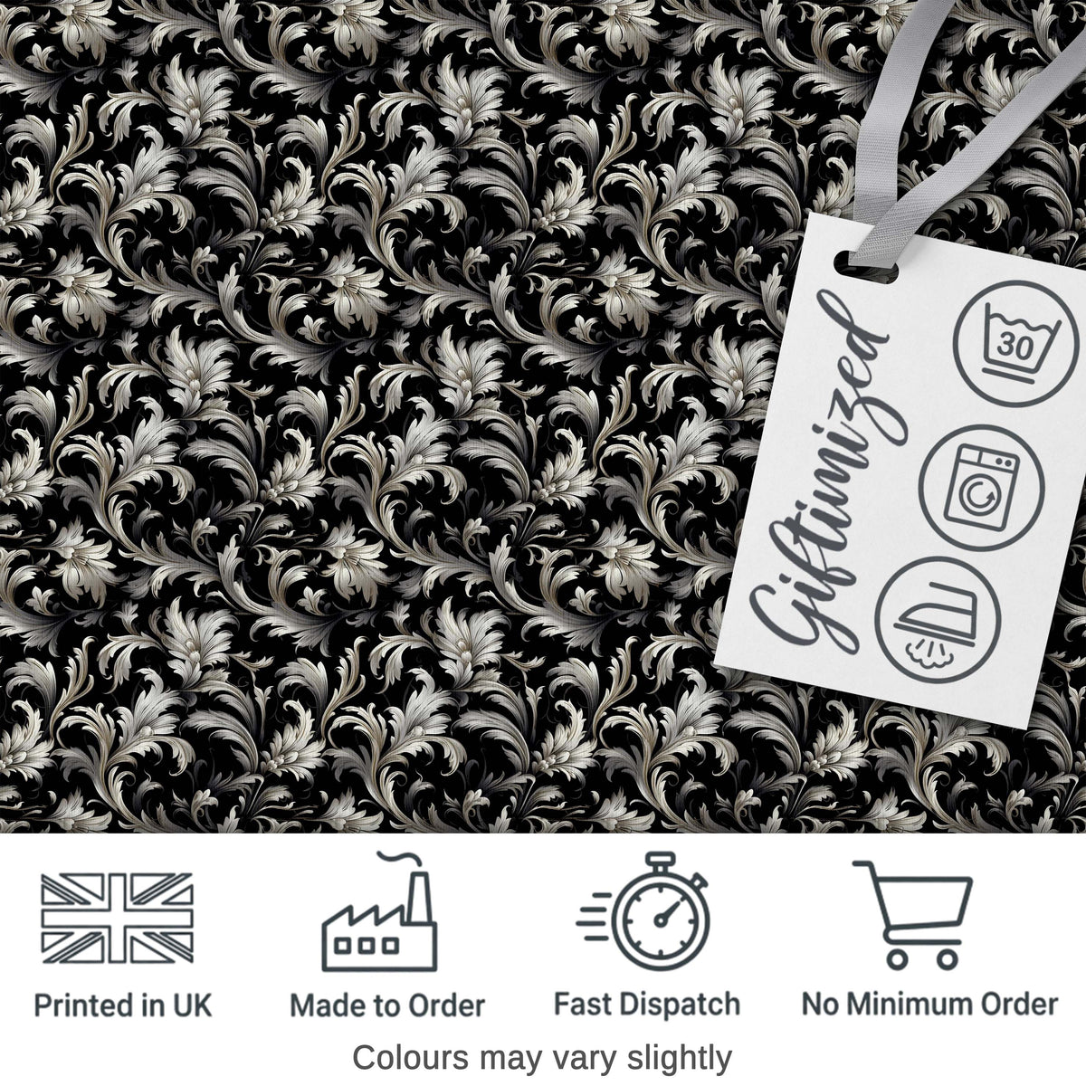 Luxury Black and Silver Floral Baroque Seamless Pattern Digital Print Fabric by the Metre UK Sewing Quilting Textile