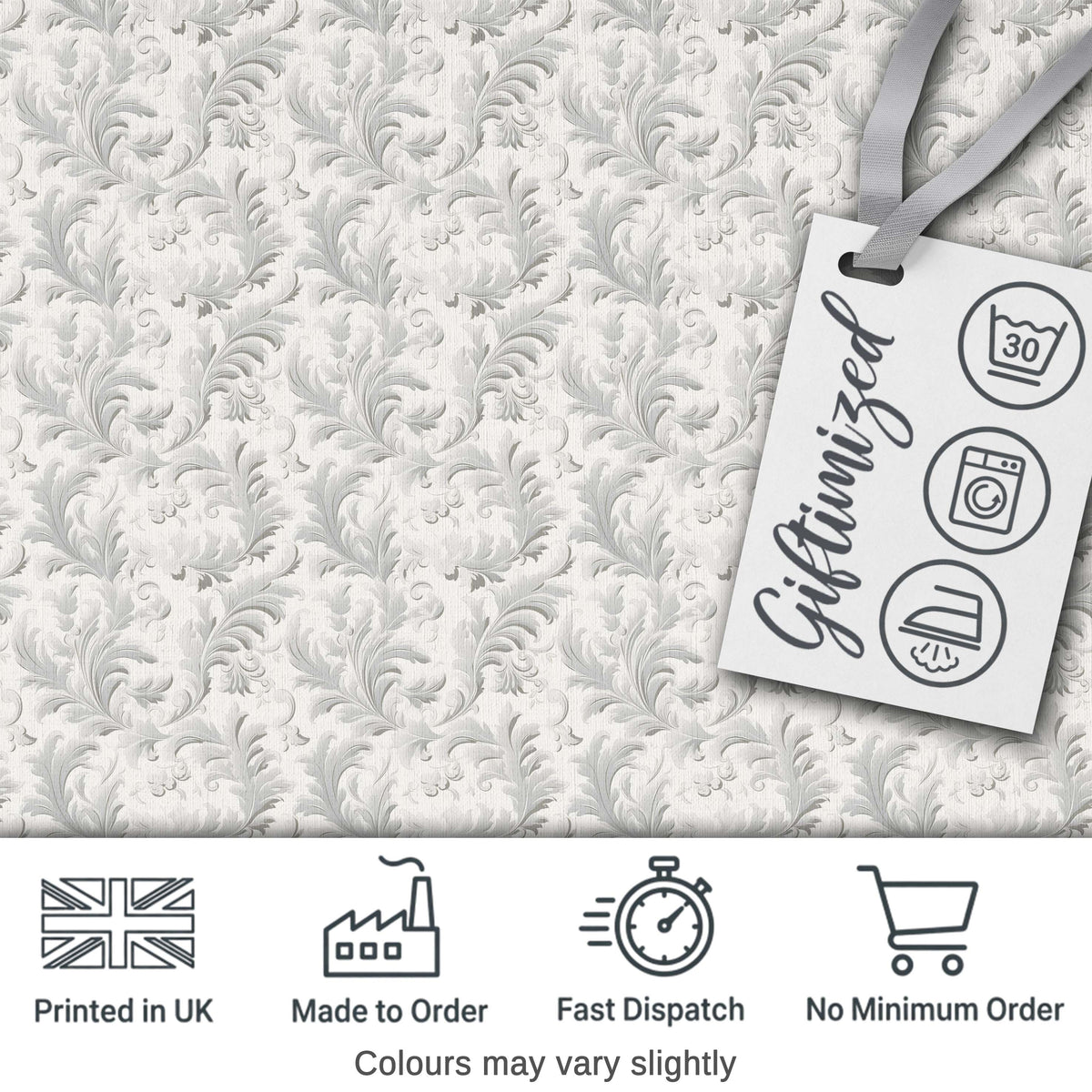 Subtle Grey Leafy Damask Classic Seamless Pattern Digital Print Fabric by the Metre UK Sewing Quilting Textile