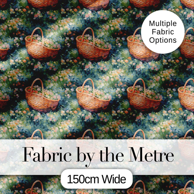 Artistic Wicker Basket in Blooming Garden Seamless Pattern Digital Print Fabric by the Metre UK Sewing Quilting Textile