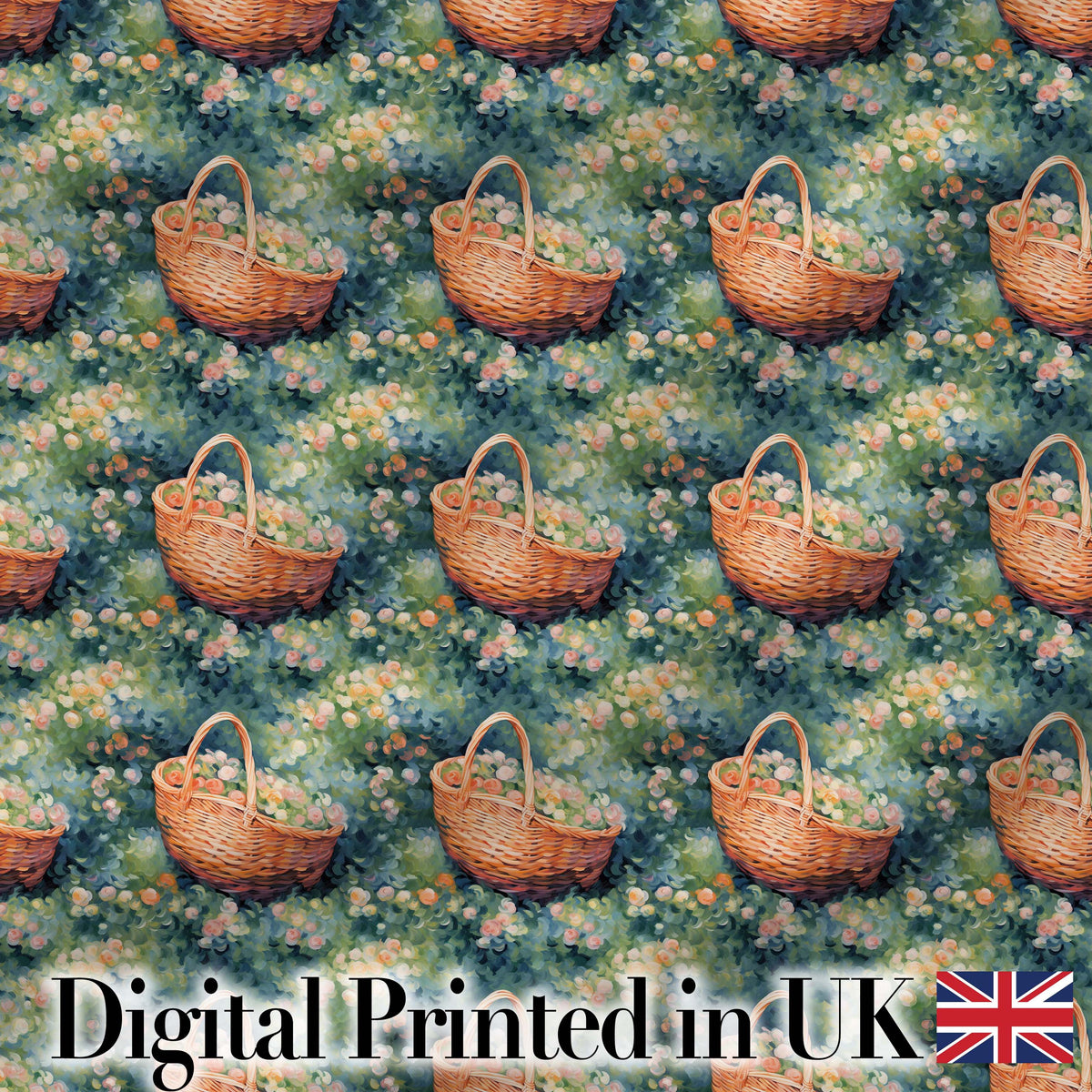 Artistic Wicker Basket in Blooming Garden Seamless Pattern Digital Print Fabric by the Metre UK Sewing Quilting Textile