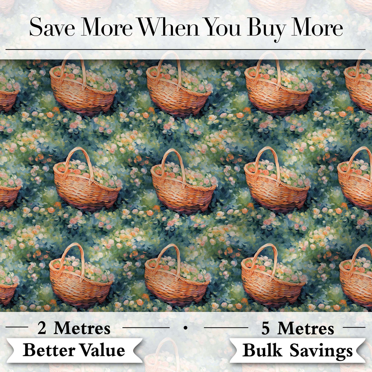 Artistic Wicker Basket in Blooming Garden Seamless Pattern Digital Print Fabric by the Metre UK Sewing Quilting Textile
