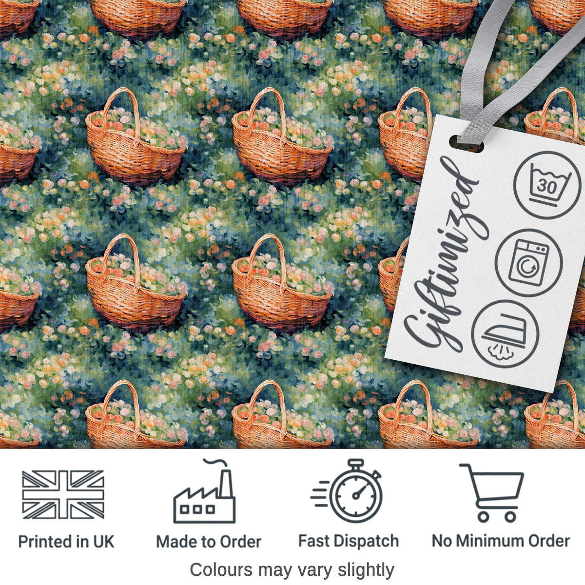 Artistic Wicker Basket in Blooming Garden Seamless Pattern Digital Print Fabric by the Metre UK Sewing Quilting Textile