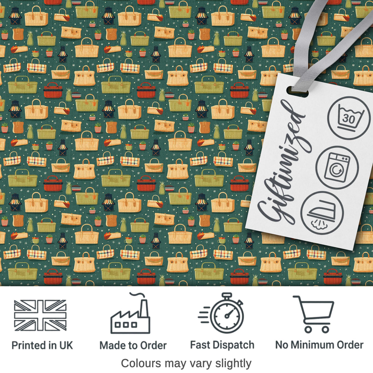 Cute Picnic Baskets and Camping Items Dark Green Seamless Pattern Digital Print Fabric by the Metre UK Sewing Quilting Textile