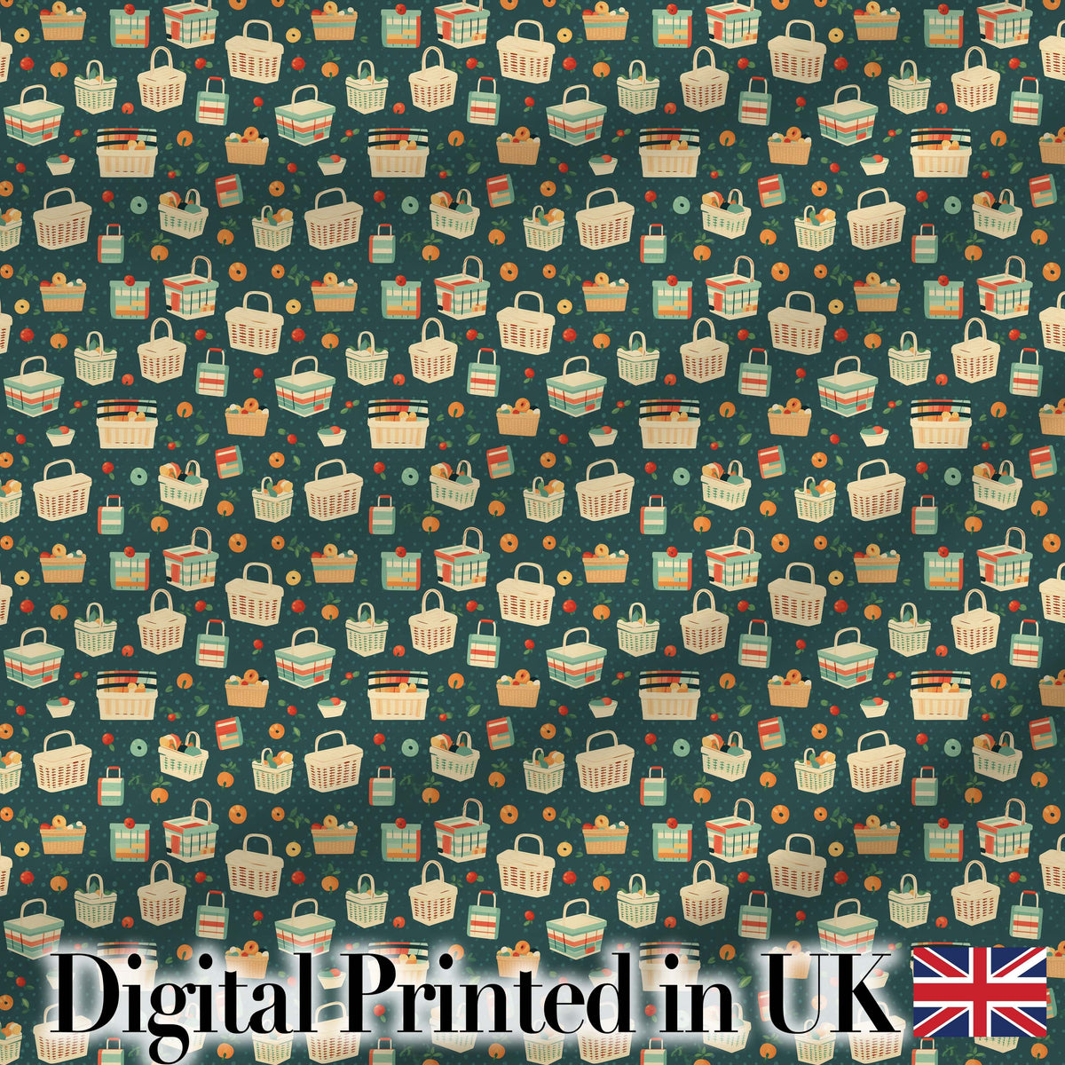 Playful Picnic Baskets and Fruit  Dark Background Seamless Pattern Digital Print Fabric by the Metre UK Sewing Quilting Textile