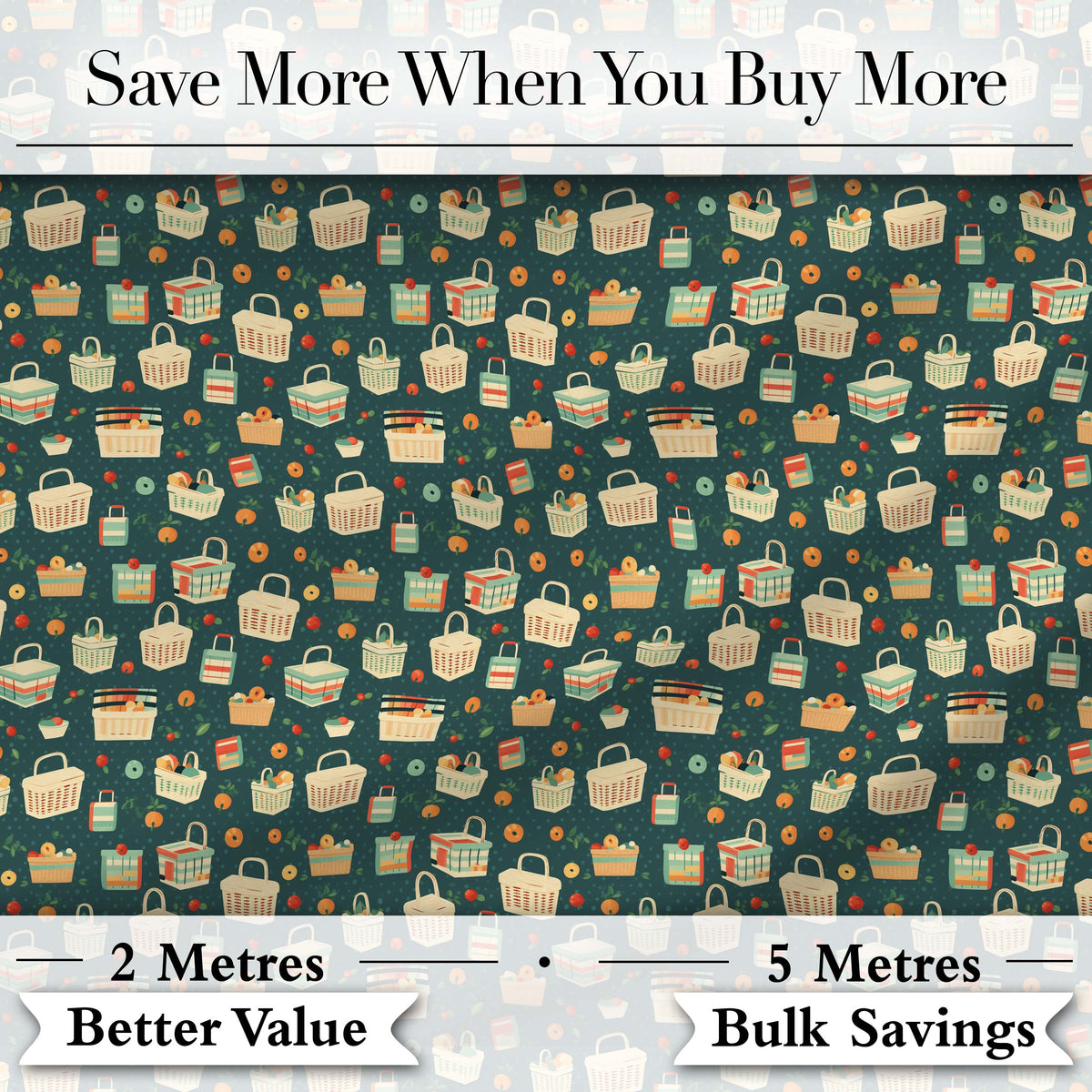 Playful Picnic Baskets and Fruit  Dark Background Seamless Pattern Digital Print Fabric by the Metre UK Sewing Quilting Textile