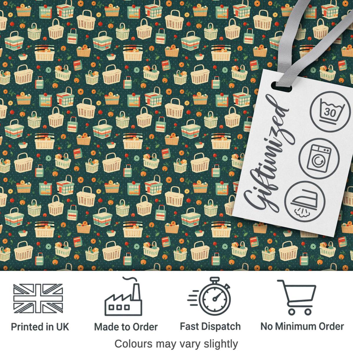 Playful Picnic Baskets and Fruit  Dark Background Seamless Pattern Digital Print Fabric by the Metre UK Sewing Quilting Textile