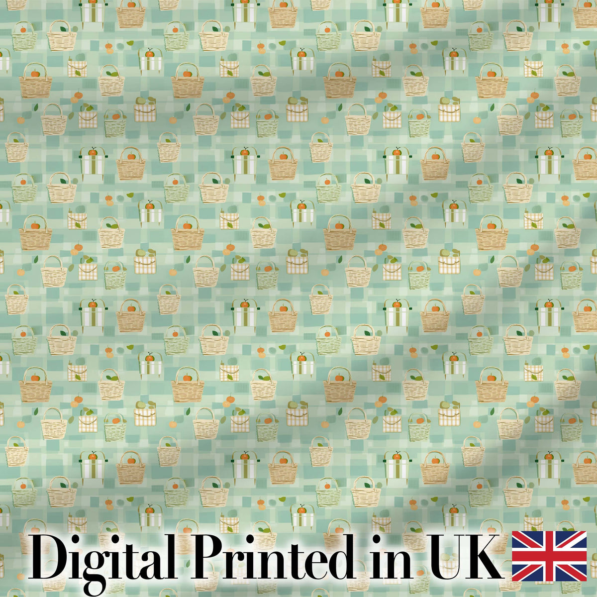 Soft Pastel Picnic Basket and Fruit Motif Seamless Pattern Digital Print Fabric by the Metre UK Sewing Quilting Textile