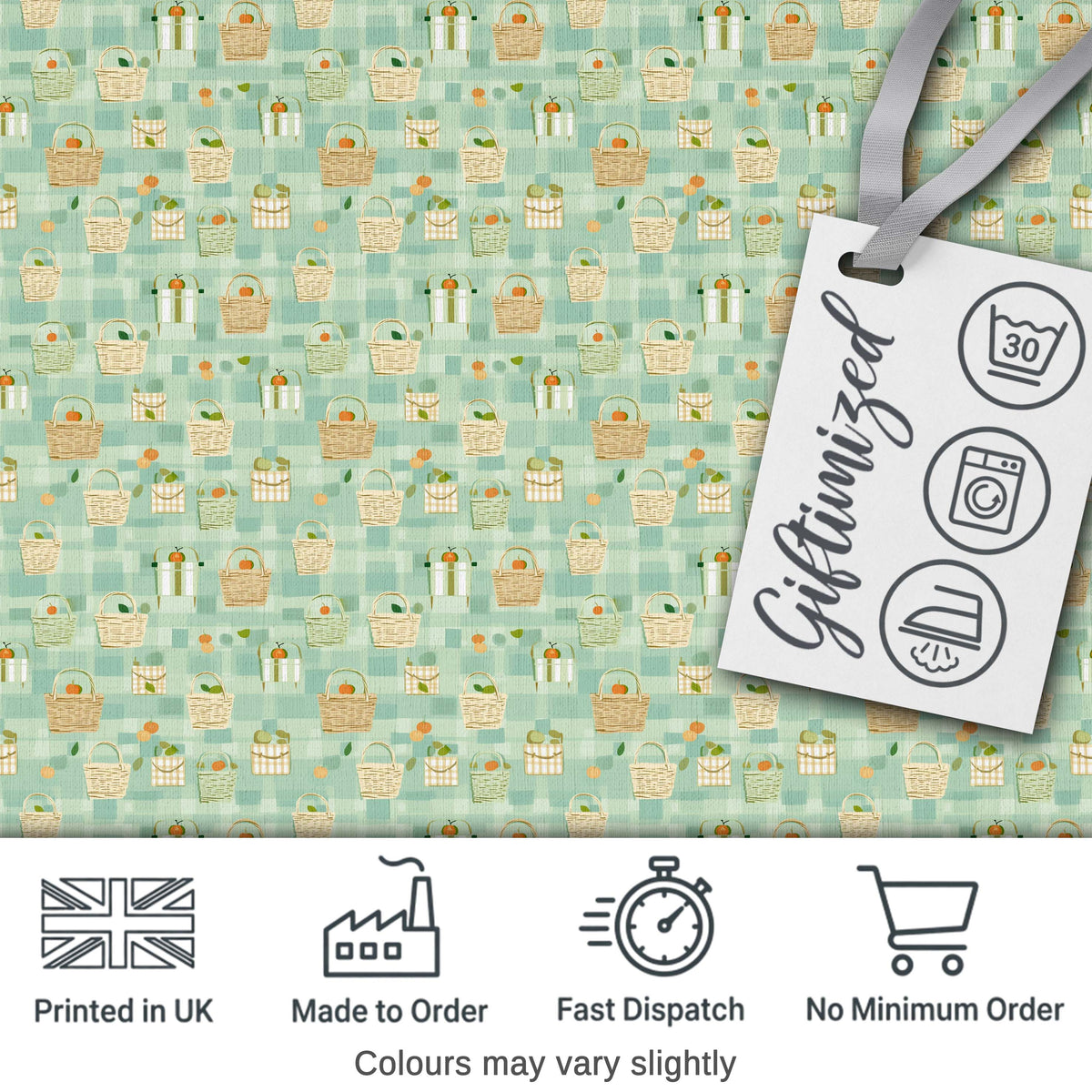 Soft Pastel Picnic Basket and Fruit Motif Seamless Pattern Digital Print Fabric by the Metre UK Sewing Quilting Textile