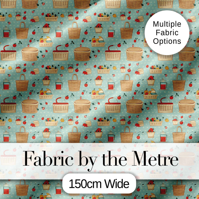 Cute Picnic Food and Basket Elements Soft Blue Seamless Pattern Digital Print Fabric by the Metre UK Sewing Quilting Textile